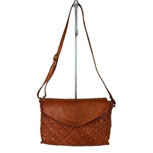 Day & Mood Anthropologie Panna Woven Crossbody Bag Cognac Brown Leather Purse